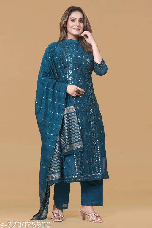 Exquisite Indian Chanderi Kurta & Palazzo Set with Zari Woven Dupatta, embellished net, 3/4 sleeves