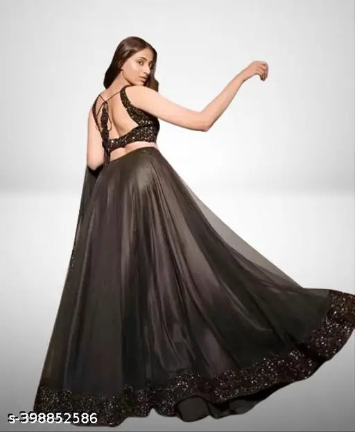 Black velvet and net Lehenga Choli set with blouse and dupatta, embellished topwear, solid dupatta and solid bottomwear for women's semi-stitched, unstitched, or free-size Indian party wear, indo Western design from India