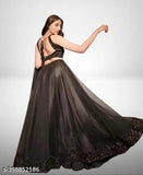 Black velvet and net Lehenga Choli set with blouse and dupatta, embellished topwear, solid dupatta and solid bottomwear for women's semi-stitched, unstitched, or free-size Indian party wear, indo Western design from India