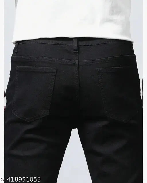 Stylish black denim jeans for men, solid pattern in sizes 26, 28, 30, 32 from India