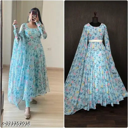 Fancy aqua blue georgette gown with dupatta, faux georgette, printed pattern, full sleeve, cotton by crepe inner fabric. Indian-made