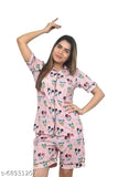 Women's digital printed night suit, polycotton relaxation set featuring short-sleeved shirt and shorts with elasticized waist and pockets, India origin