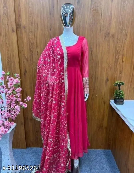 New Rani Georgette Gown Duppata full set with pent, heavy pure soft fox Georgette, sequin and jari work, micro cotton inner, Indian-made, ready to wear