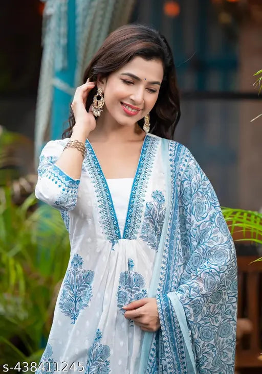 Pure cotton Jaipuri hand-worked women's kurta set with palazzos and dupatta, printed net pattern, three-quarter sleeves
