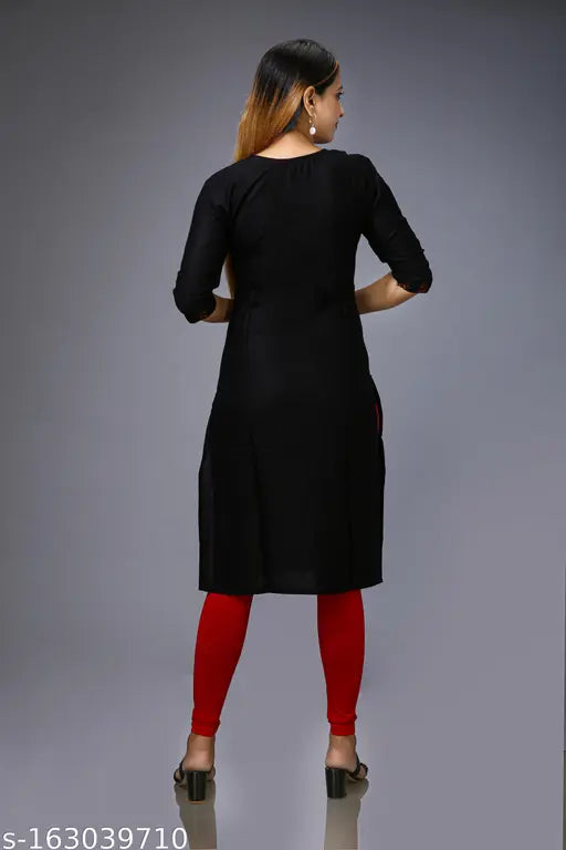 Black Rayon embroidered straight kurti with three-quarter sleeves and solid combo pattern. Women's fashion from India. (M: Bust Size 38in, Size Length 42in) (L: Bust Size 40in, Size Length 42in) (XL: Bust Size 42in, Size Length 42in)