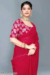 Georgette saree with sequin blouse, Indian designer aari work border, solid-printed net material