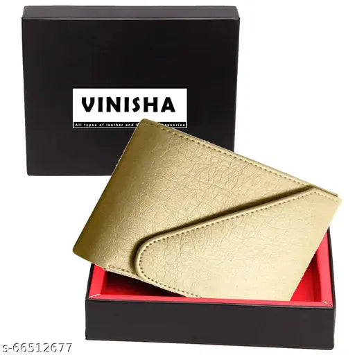 Beige PU leather bi-fold wallet for men, textured design with 3 card slots and 2 slip compartments, snap lock closure