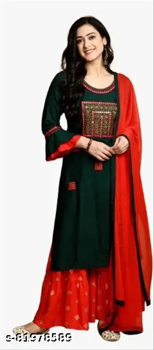 Rayon embroidered dupatta set for women, three-quarter sleeves, India-made