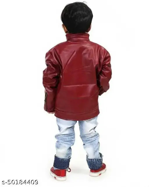 Leather solid color long sleeve boys jacket, 13-14 years size, cute comfy winterwear from India