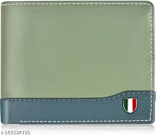 Green-blue faux leather men's wallet, 5 compartments, solid pattern, Indian origin