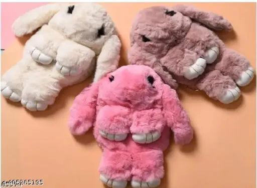 Pink fabric plush bunny sling bag with chain and smooth zipper, features one compartment and removable shoulder strap. Ideal for school girls or kids' travel accessories