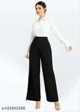 Women's high-waist straight-leg polyester pants, solid color for casual or office wear - Korean style from India