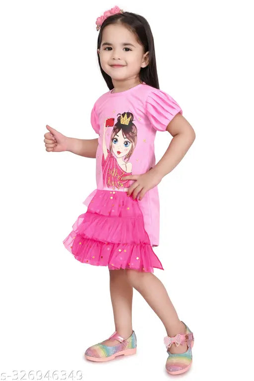 Modern pink cotton blend fancy girl's knee-length frock with embellished net, single party print, short sleeves, and round neck. Size: 6-9 months to 7-8 years. Made in India by India MM Garments Kolkata
