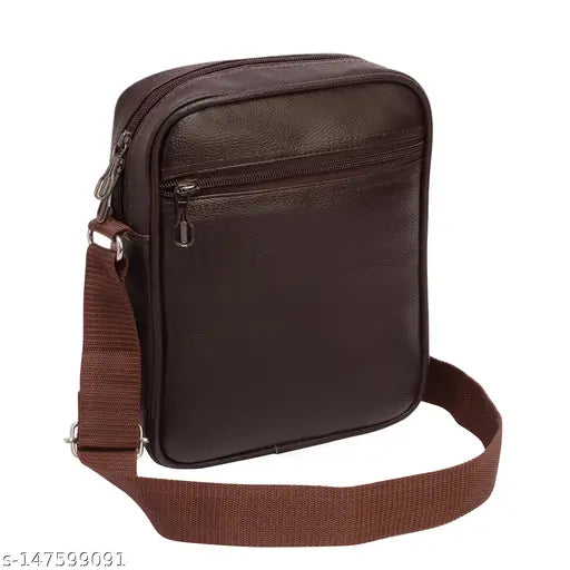 Brown PU Sling Bag - 3 compartments, water-resistant, adjustable strap. Ideal for professionals, handmade in India