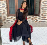 Georgette gown with rich big flower digital print, 3/4 sleeve, 48" length, pom pom design, lace border lining, cotton inner lining, fancy round neck, standard stitching, Umbrella flair, 4.5 meters top flair, suitable for various sizes S-XXXL, Indian origin