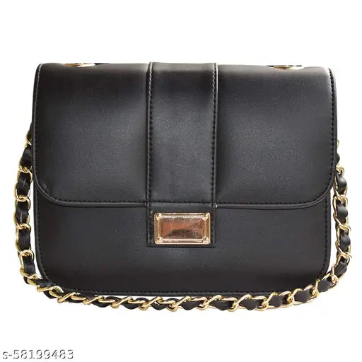 Black PU Synthetic Leather Cross Body Side Sling Bag for Women and Girls, stylish and versatile daily handbag on a backdrop