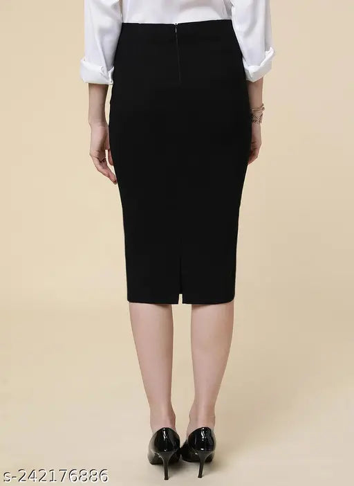 Black polycotton pencil skirt with back slit, formal attire for women available in sizes 24-44