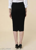 Black polycotton pencil skirt with back slit, formal attire for women available in sizes 24-44