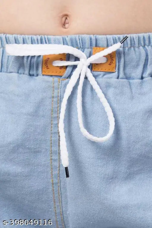 Light Blue Stretchable Premium Denim Palazzo Jogger Jeans - Baggy, high waist, plus size, mid waist, elastic waist, ankle cuff pants for women, India-made anti-shrink fabric