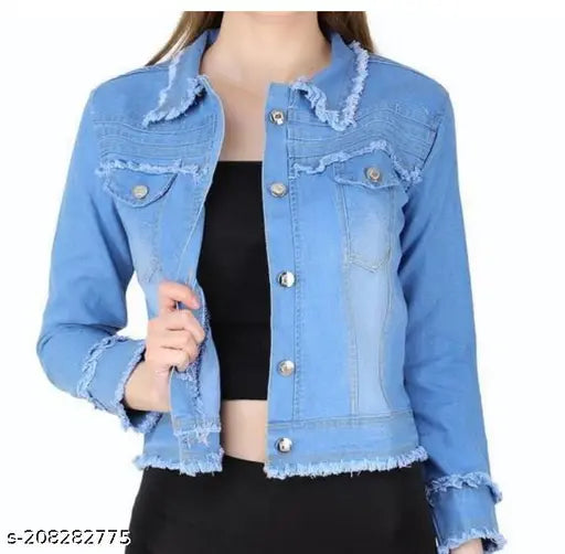 Light blue denim women's jacket by Naz Creation, dyed/washed, long sleeves, solid design