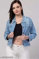 Denim blue light strip jacket for women's latest style and winter wear, solid pattern, long sleeves
