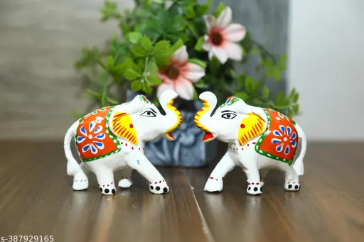 Handcrafted White Paper Mache Elephant Figurine Set of 2 (7cm each), ideal for living room decor or gifting