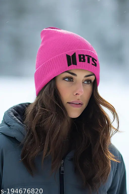 Pink embroidered wool BTS Kpop fan art beanie cap (Maxall)