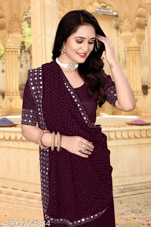 Indian Georgette saree with QUEEN WINE01 design, embellished with zari woven and mirror work, suitable for weddings and parties (Free Size: 5.5m Saree Length, 0.8m Blouse Length)