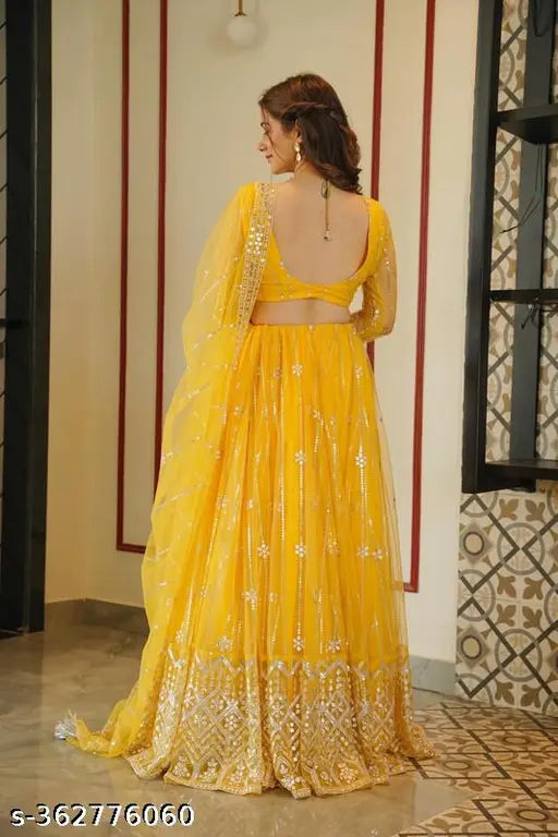 Embroidered net lehenga set: Adrika Ensemble Women's semi-stitched, embellished dupatta and choli