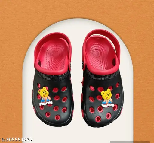 Red embellished net EVA clogs sandals for kids, comfortable and slip-on, ideal for casual wear (3-3.5yrs, 5.5-6yrs, 6-6.5yrs). Made in India