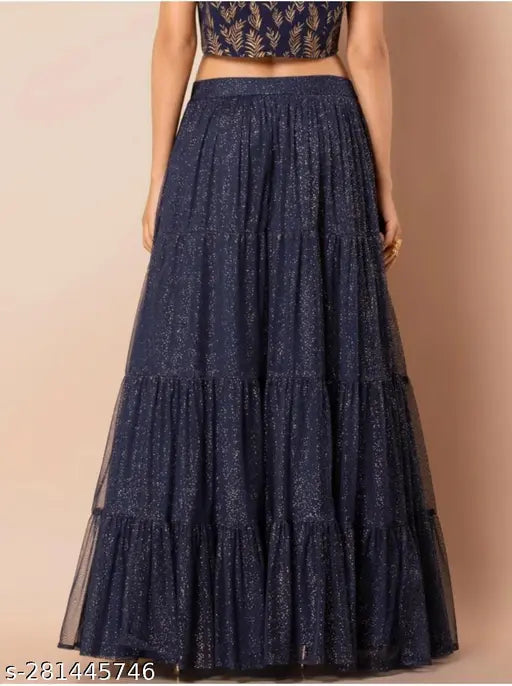 Gold-shimmering high-rise flared maxi net ethnic skirt, self-design pattern on net fabric, convenient zip and hook closure, ideal for parties and special occasions