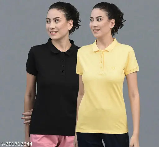 Yellow cotton blend solid polo neck t-shirts pack of 2, perfect for athletic wear