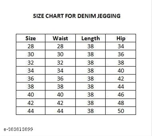 Denim elastic belt jegging for women, solid color, size 32. Women's denim jeggings on hanger with waist measurement 32 inches, hip 38 inches, and total length 38 inches