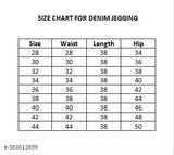 Denim elastic belt jegging for women, solid color, size 32. Women's denim jeggings on hanger with waist measurement 32 inches, hip 38 inches, and total length 38 inches