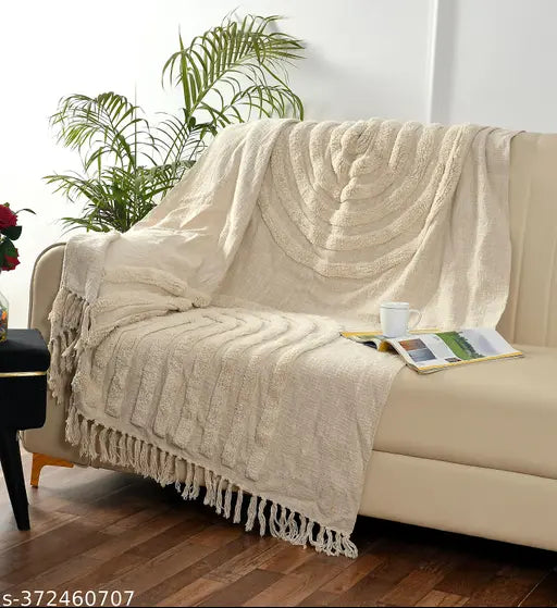Cotton tufted striped throw blanket, versatile for sofa, bedroom, and living room, 52" x 170cm, machine washable, boho style