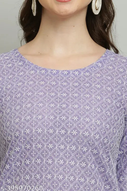 Purple chicken kurta with palazzo set, women's cotton clothing with chikankari work, printed net design, pack of 2 sizes available