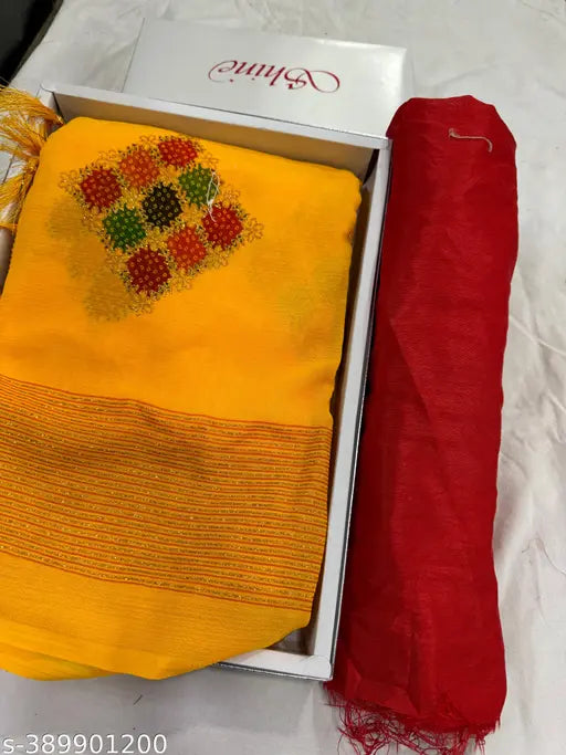 Georgette Bandhani saree with printed running blouse, Indian festive wear for parties