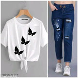 Cotton blend t-shirt and denim jogger jeans combo pack 2 - stylish women's outfit for casual wear, India