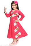 Pink checked pattern cotton blend maxi dress for girls party wear with long sleeves and round neck, self-design fit & flare silhouette