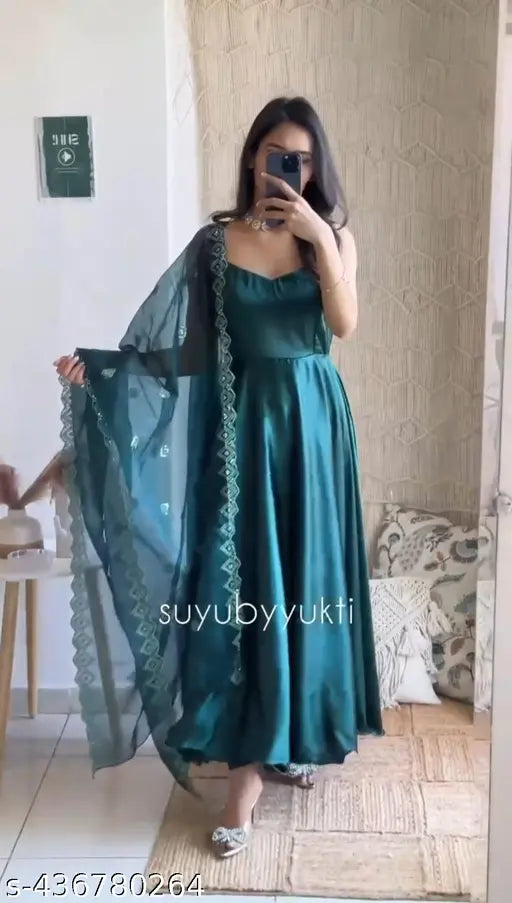 Modern touch pure chinon gown with butterfly net duptta, ladies festive wear for women's elegance in XS-XL sizes