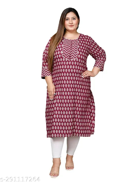 Maroon floral print plus size cotton straight kurta, 100% pure cotton, round neck, three-quarter sleeves, ideal for any occasion, India origin