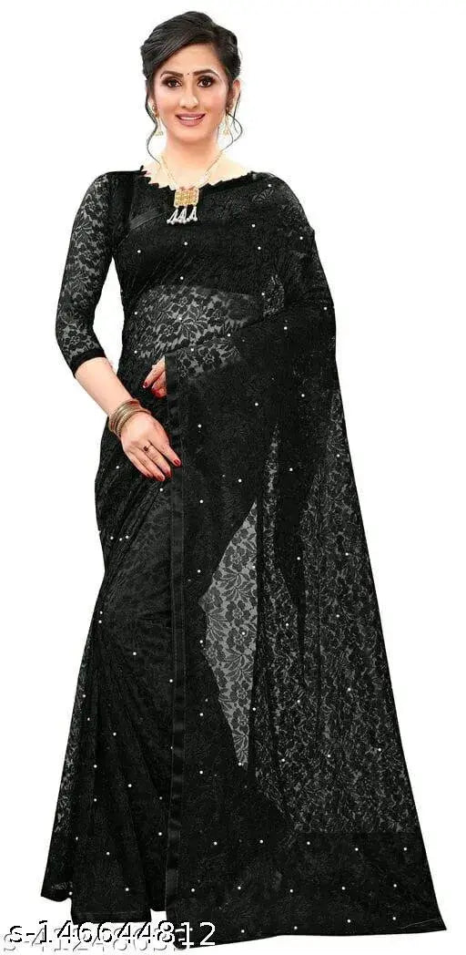 Embellished net Jivika saree, casual wear with running blouse, perfect for festivals. Light, comfortable, and free size. Indian-made fashion