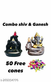 Poly resin Shiv Ganesha smoke backflow combo with 50pcs cones. Indian God idol set for festivals and gifting