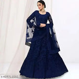 Free size embroidered bridal lehenga set, net fabric with choli and dupatta, India-made" (108 characters)