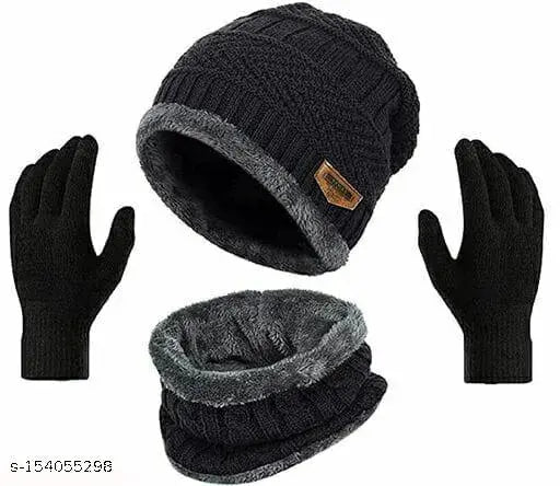 Soft, stylish woolen cap set with matching hand gloves and neck scarf, featuring fur lining for warmth. Onesize, suitable for both men and women. Indian origin