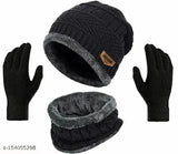 Soft, stylish woolen cap set with matching hand gloves and neck scarf, featuring fur lining for warmth. Onesize, suitable for both men and women. Indian origin