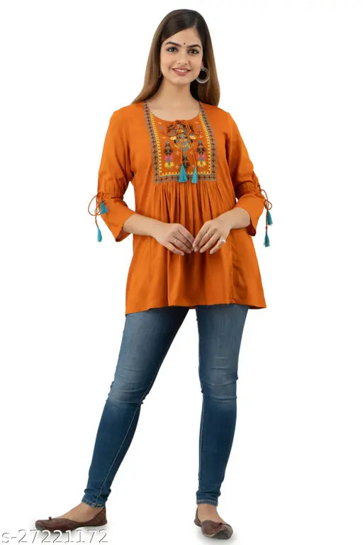 Rayon embroidered net three-quarter sleeve women's top DPEA295 from India