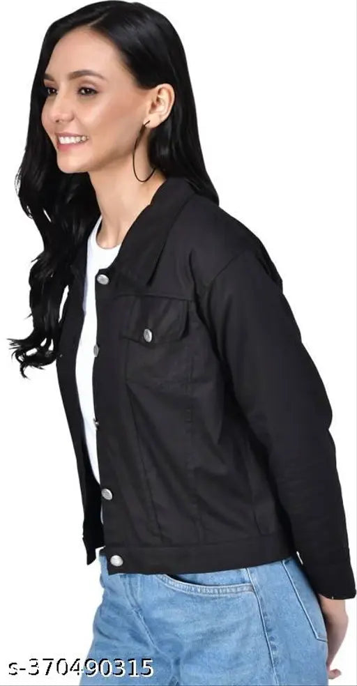 Denim, fashionable short jacket for women. Solid design, three-quarter sleeves, size S (bust 34in, length 19in), made in India