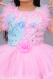 Pink embellished net baby girl's birthday party frock with fur detailing, India-made
