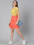 Orange cotton skirt, solid pattern, elasticated waist, flared hem, Kingly schiffy fabric, women's regular fit